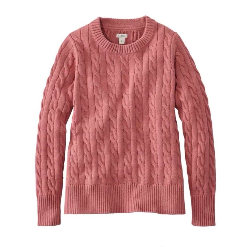 LL Bean Cable Knit Sweater Medium Double L Mixed Crew Neck Pullover Pink New